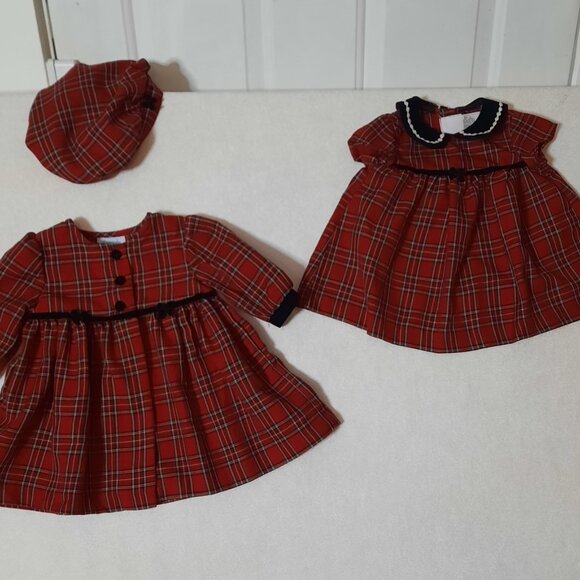 Baby Christmas Red Plaid Dress Coat w Dress, Velvet Collar, Hat Beret, EUC, 6-9m - Picture 4 of 12